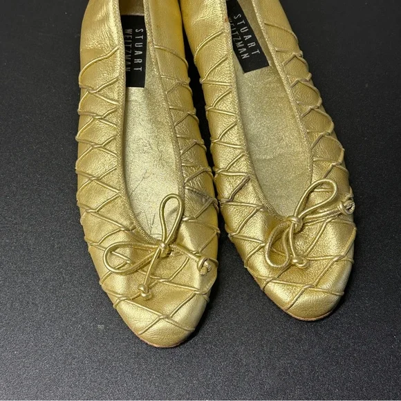 Stuart Weitzman Metallic Gold Quilted Ballet Flats with Bow - Picture 5 of 6